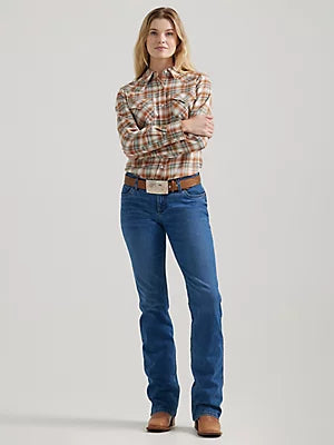 WRANGLER Women's Essential Long Sleeve Plaid Western Snap Top Pumpkin Moss