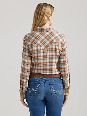 WRANGLER Women's Essential Long Sleeve Plaid Western Snap Top Pumpkin Moss