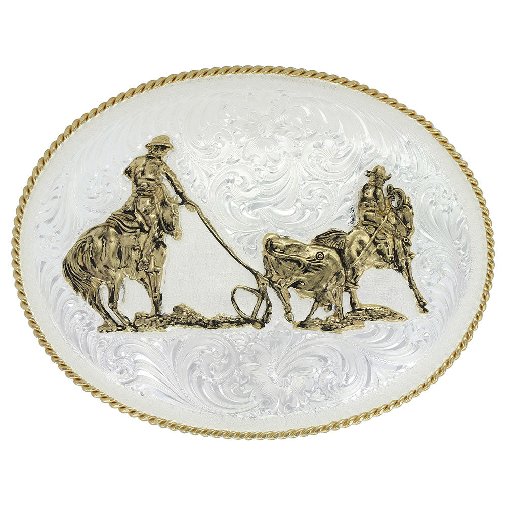 Large Silver Engraved Western Belt Buckle with Team Ropers