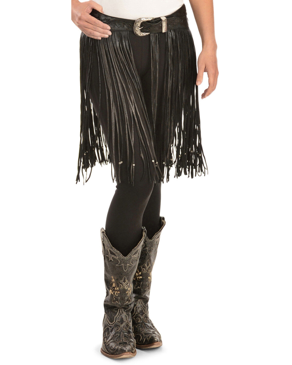 Women's Leather Black Fringe Belt