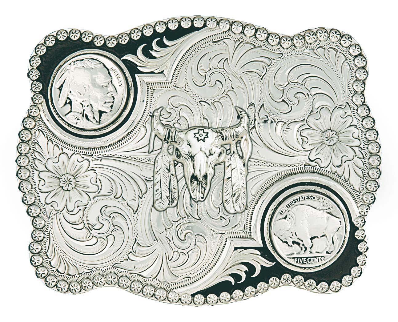 MONTANA SILVERSMITHS Antiqued Buffalo Nickel Flourish Buckle with Buffalo Skull