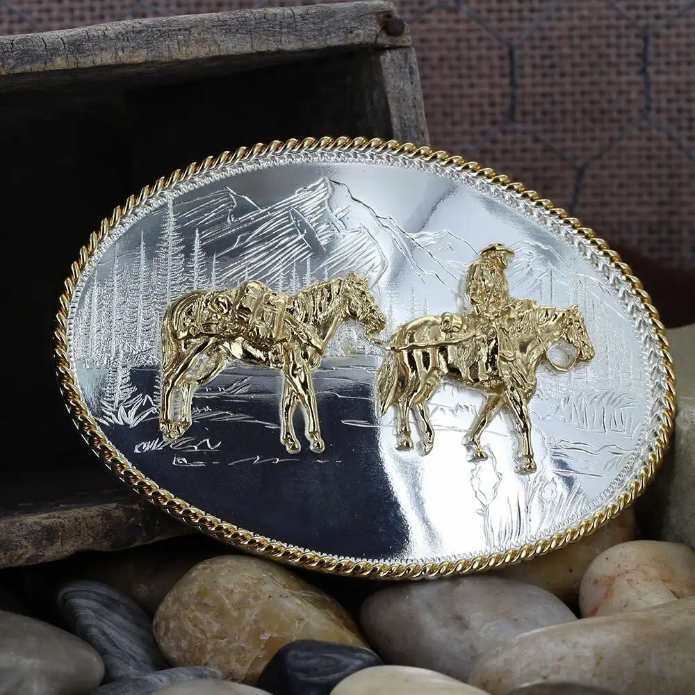 MONTANA Etched Mountains Western Belt Buckle with Pack Horse and Rider