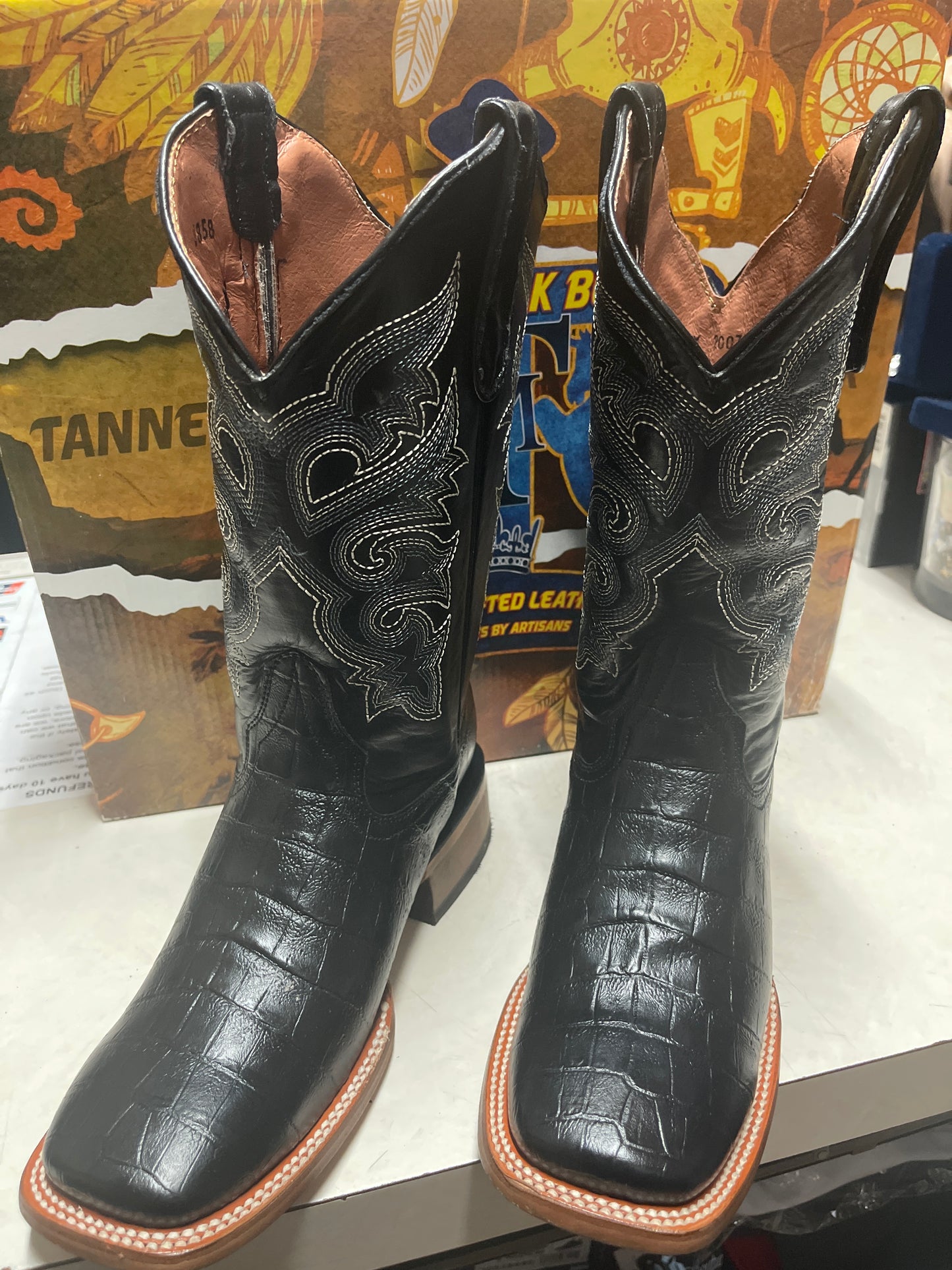 TANNER MARK BOOTS YOUTH CAIMAN BELLY PRINT BLACK TOE SQUARE TMY200779