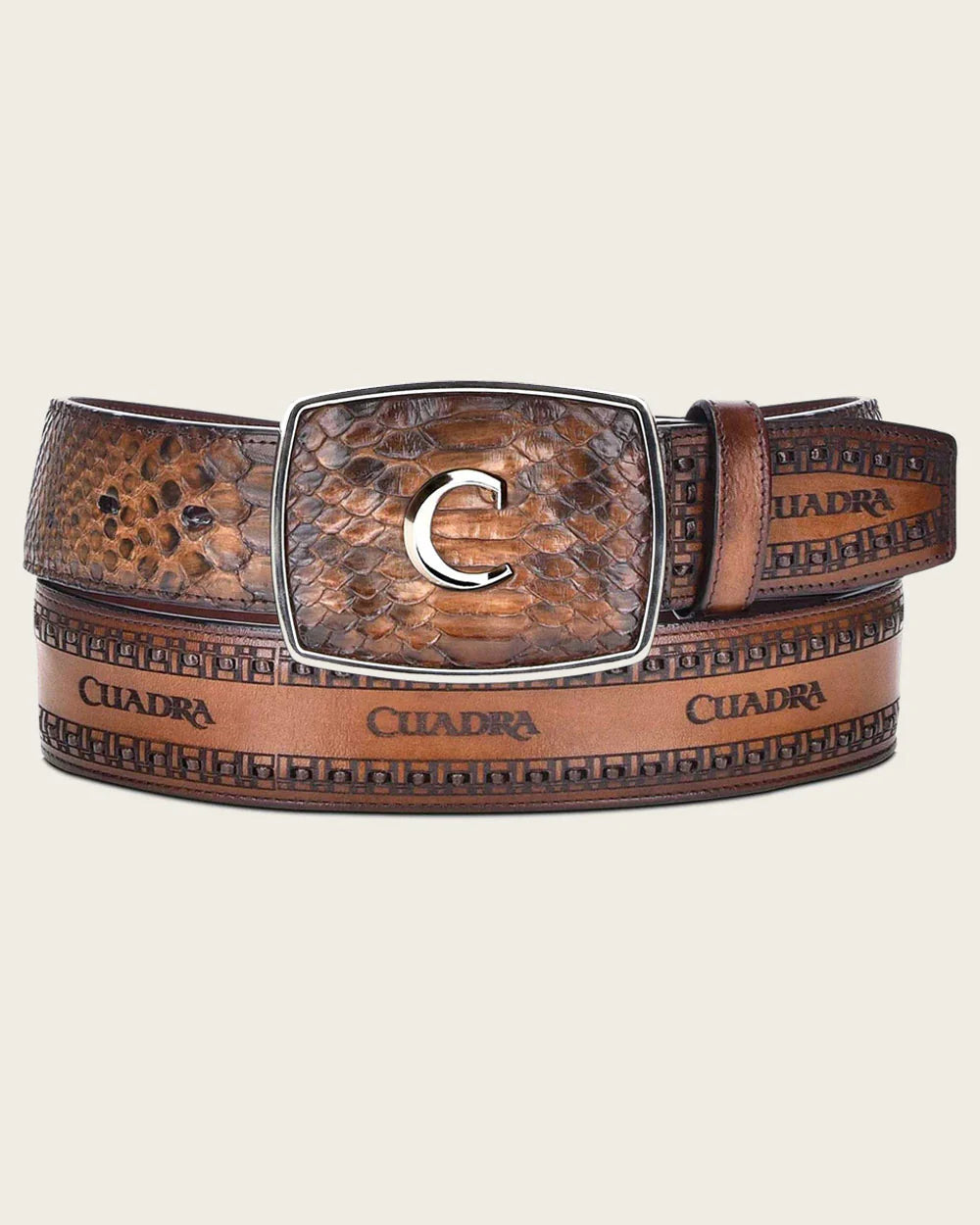 Cuadra Men's Python Over Brown Laser and Embroidered Belt