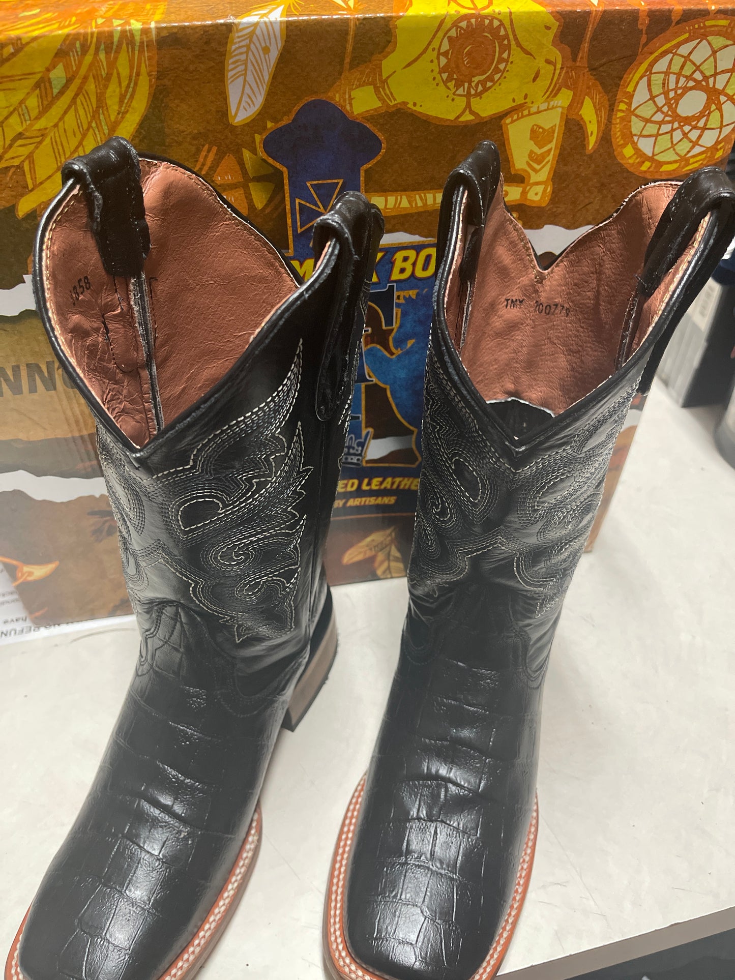 TANNER MARK BOOTS YOUTH CAIMAN BELLY PRINT BLACK TOE SQUARE TMY200779