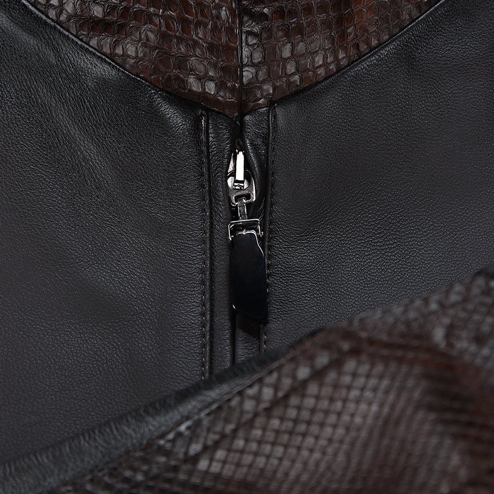 Brown Python and Bovine Contrast Leather Jacket