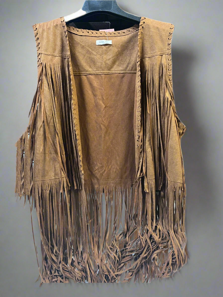 Before You Collection Suede Brown Tiered Fringe Vest