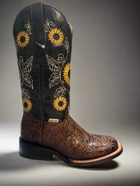 Vaquero Bronco Women's Sunflower Tooled Brown Leather Boots