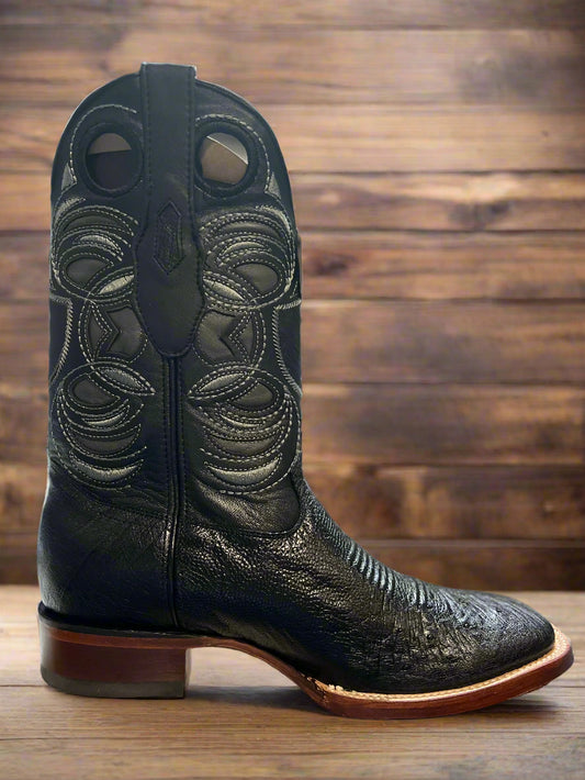 WILD WEST Men's Smooth Ostrich Square Black Toe Boots