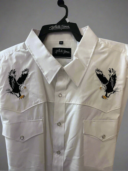 WHITE HORSE Men's White Pearl Snap Button Down Eagle Embroidery Long Sleeve Shirt