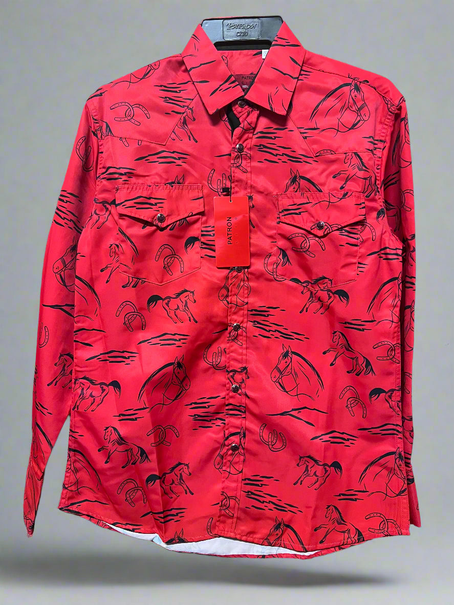 PATRONCITO Men's Western Shirt with Horse Print Snap Button Long Sleeve Shirt