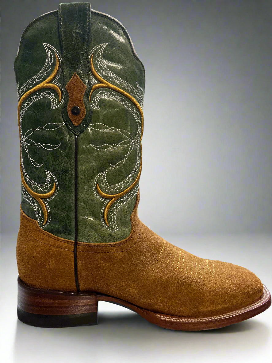 QUINCY BOOTS Men's Camel Suede with Green Shaft Designs Boot