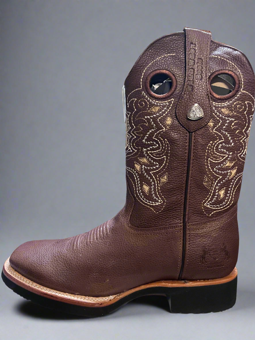 WILD WEST Men's Square Toe Brown with White Stitching Leather Rubber Sole Boot