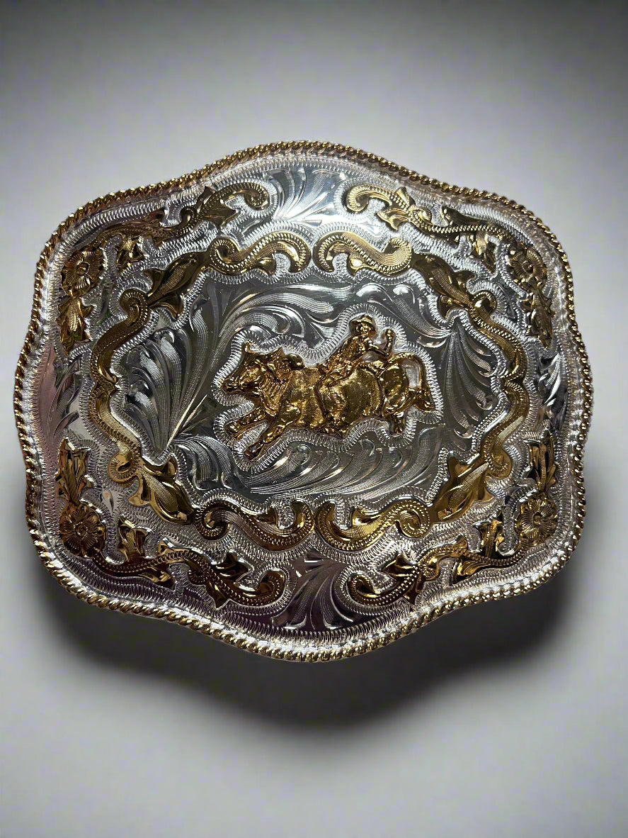 Men's Bull Rider German Silver Belt Buckle with Scroll Pattern