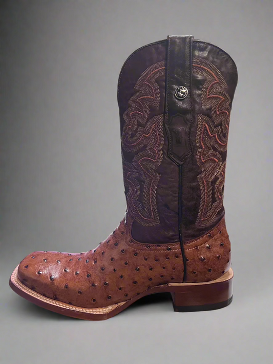 TANNER MARK Men's Rustic Cognac Ostrich Square Toe Boots TM200961