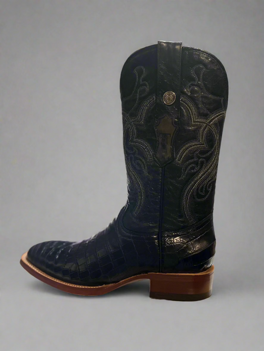 TANNER MARK Men's Smooth Black Lizard Belly Square Toe Boots
