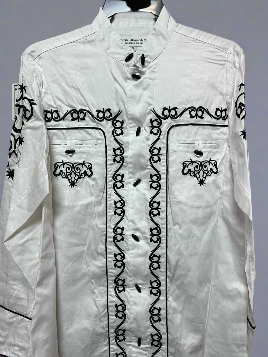 WHITE DIAMONDS Men's Charro White with Black Thread Long Sleeve Shirt