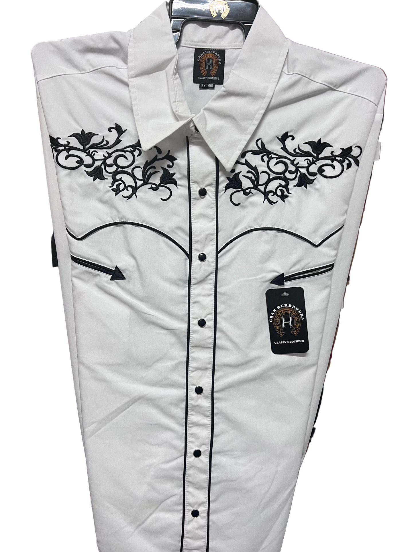 GRAN HERRADURA Men's White with Black Western Design Long Sleeve Snap Shirt