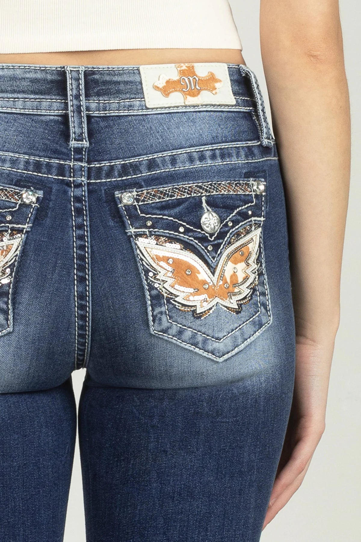 MISS ME Women's Cow Print Wing Denim
