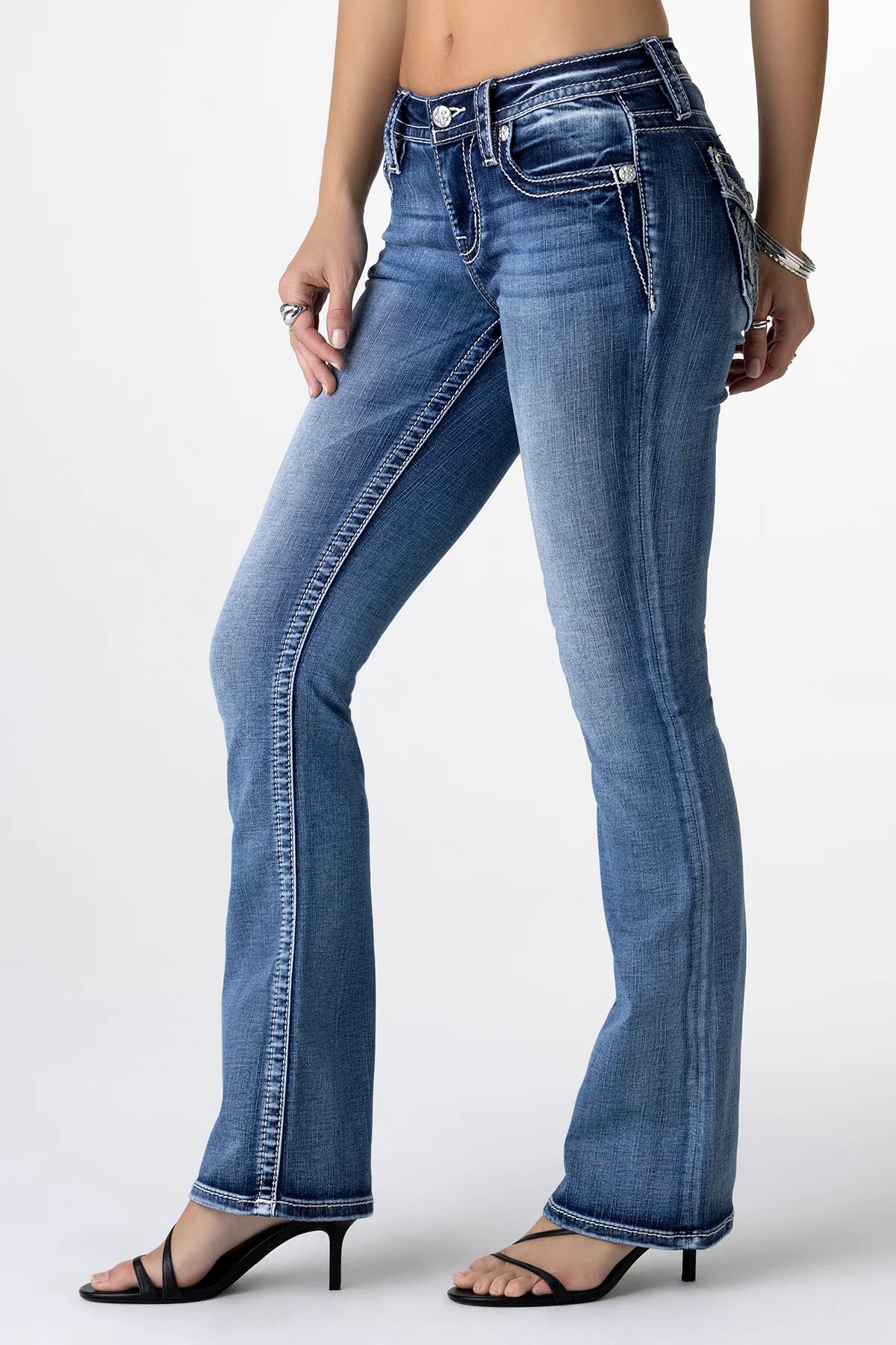 MISS ME Women's Silver Angel Down Wings Bootcut Jeans