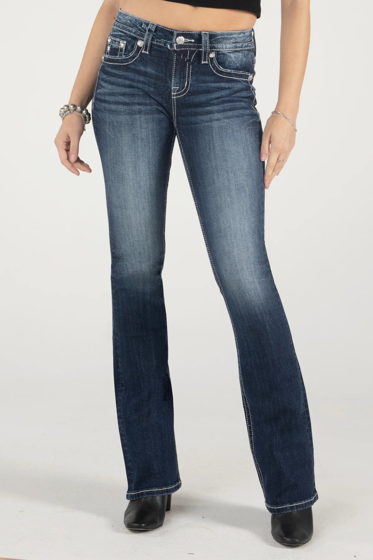 MISS ME Women's Gold and Turquoise Floral Bootcut Jeans