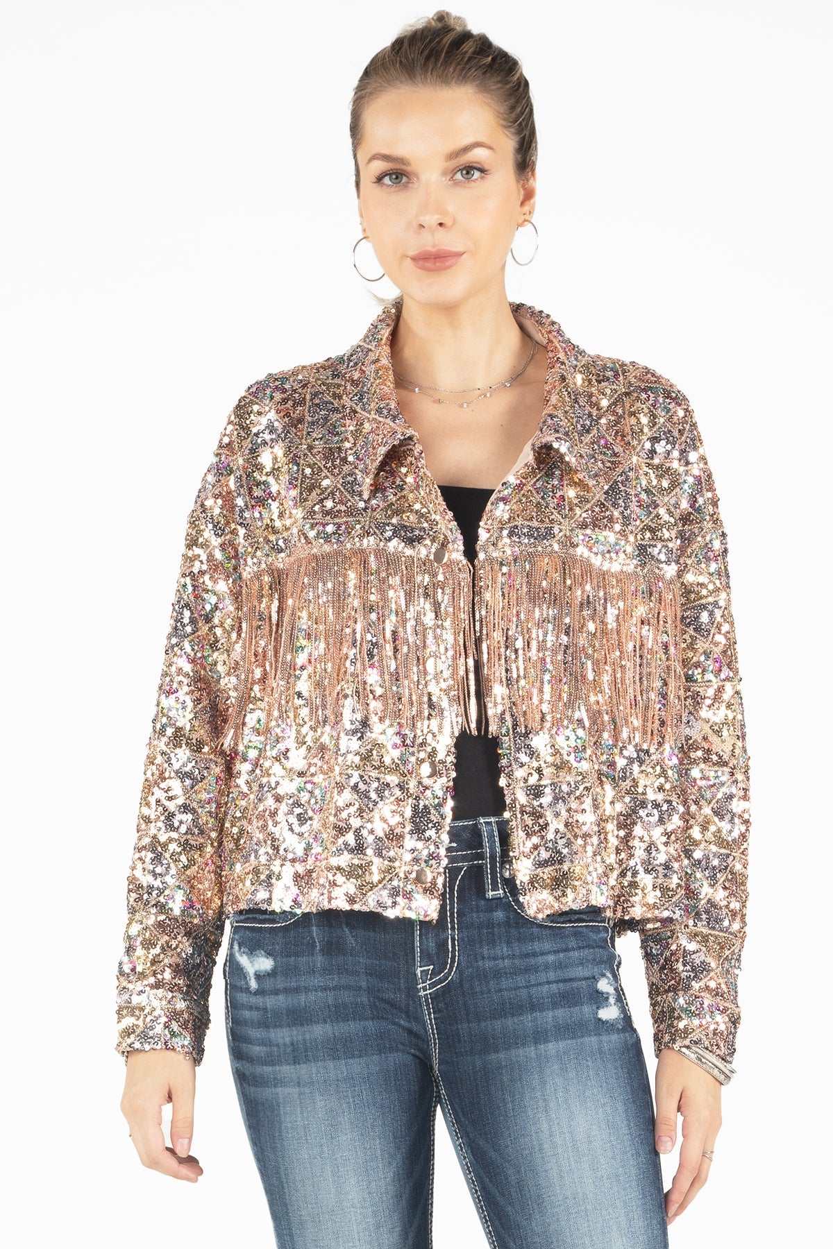 MISS ME Geometric Sequin Fringe Jacket