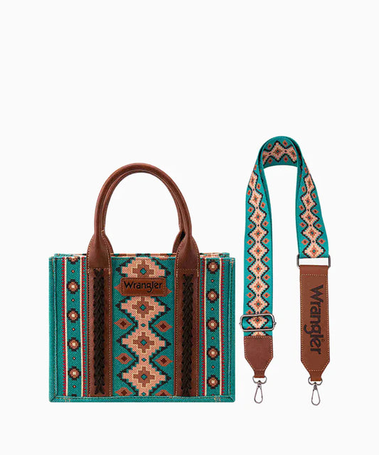 Wrangler Allover Aztec Print Canvas Crossbody Tote Bag - Turquoise