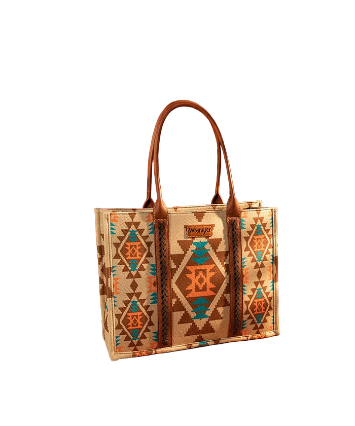 Wrangler Allover Aztec Dual Sided Print Canvas Wide Tote Bag Beige and Orange