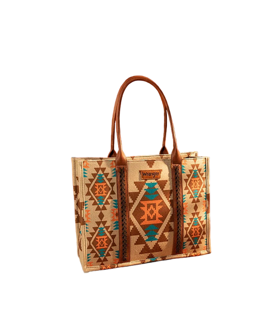 Wrangler Allover Aztec Dual Sided Print Canvas Wide Tote Bag Beige and Orange