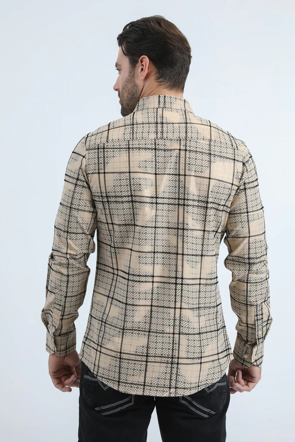 PLATINI Men's Flocked Modern Fit Spandex Beige Long Sleeve Shirt