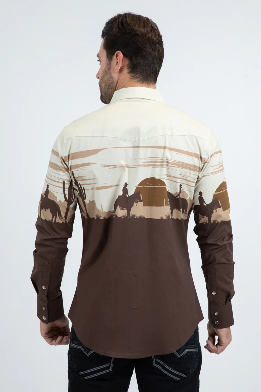 PLATINI Men's Modern Fit Cotton Stretch Panoramic Rodeo Long Sleeve Brown Shirt
