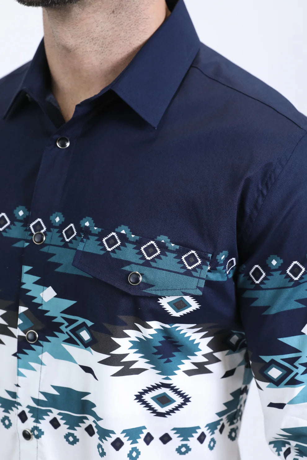 PLATINI Men's Modern Fit Cotton Stretch Rodeo Print Long Sleeve Navy and White Shirt