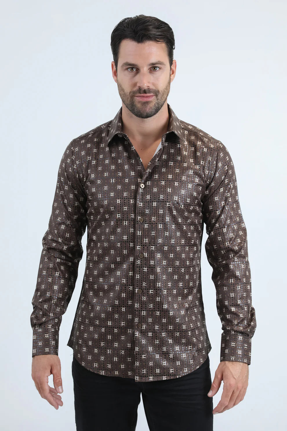 Mens Modern Fit Stretch Foil Fashion Brown Shirt M / Brown