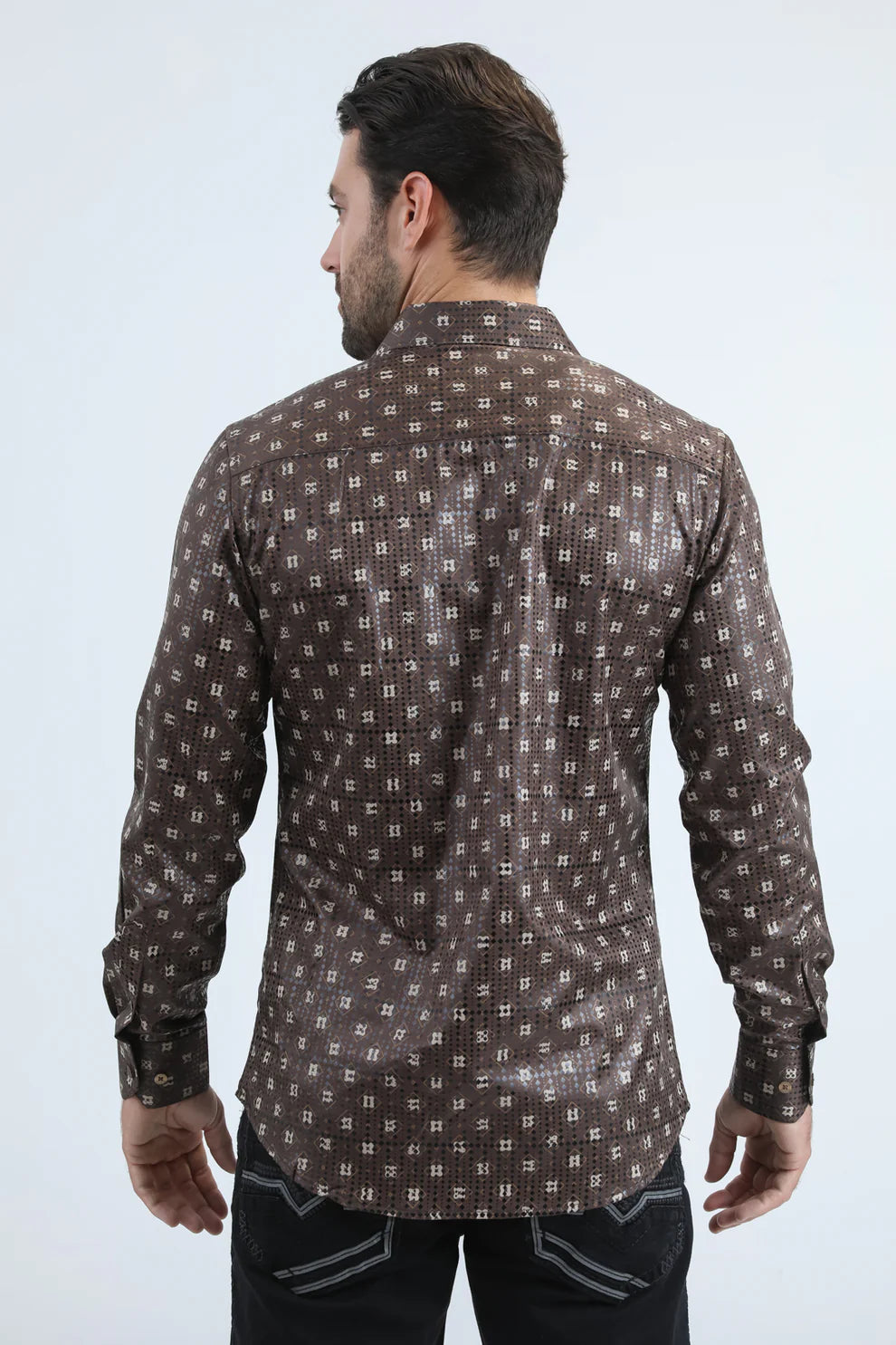 PLATINI Men's Modern Fit Stretch Foil Fashion Brown Shirt
