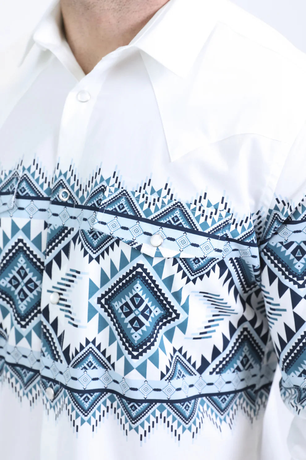 PLATINI Men's Western Modern Fit White with Geo Blue Print Long Sleeve Shirt