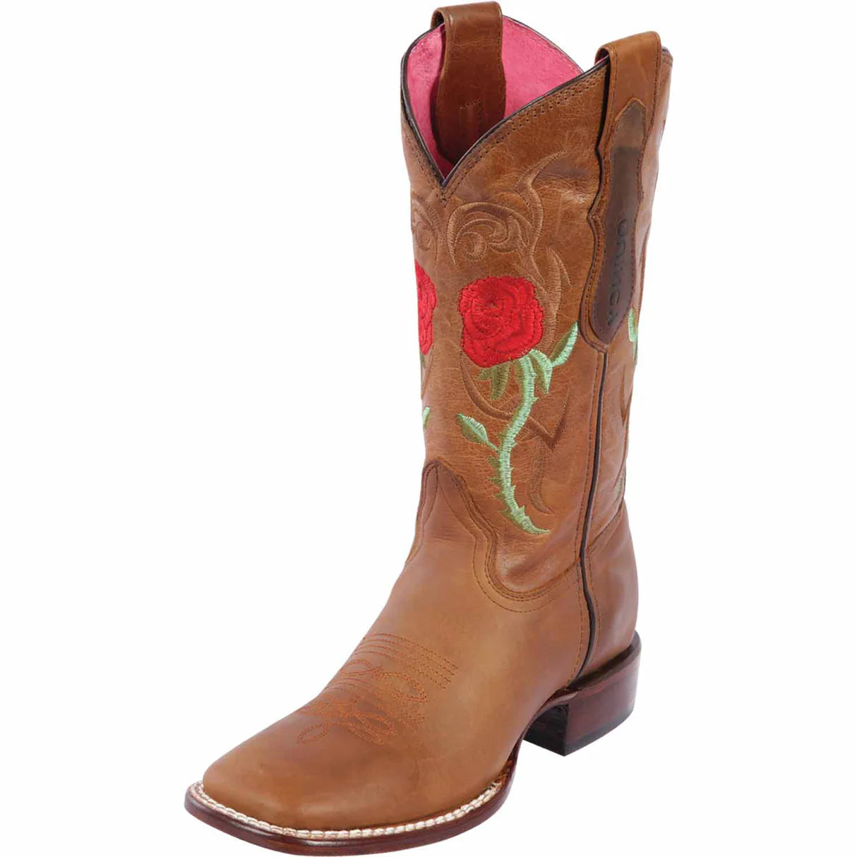 QUINCY Women's Red Roses Western Boot Honey