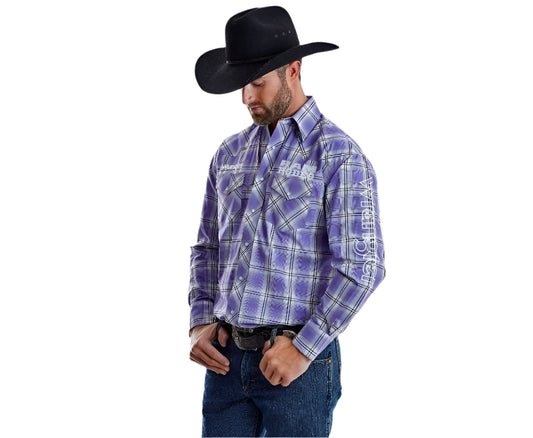 WRANGLER Men's RAM Logo Purple Plaid Long Sleeve Shirt