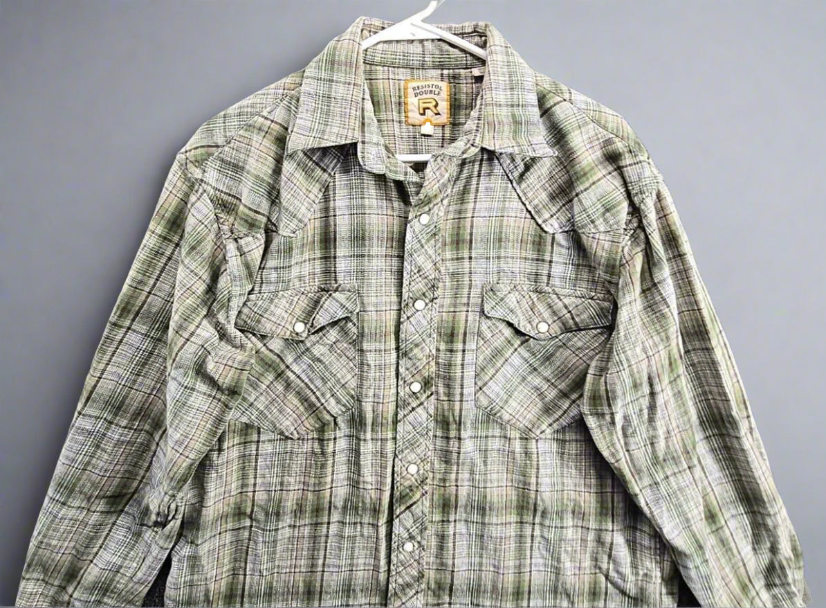 RESISTOL DOUBLE Men's Flannel Green Plaid Long Sleeve Shirt