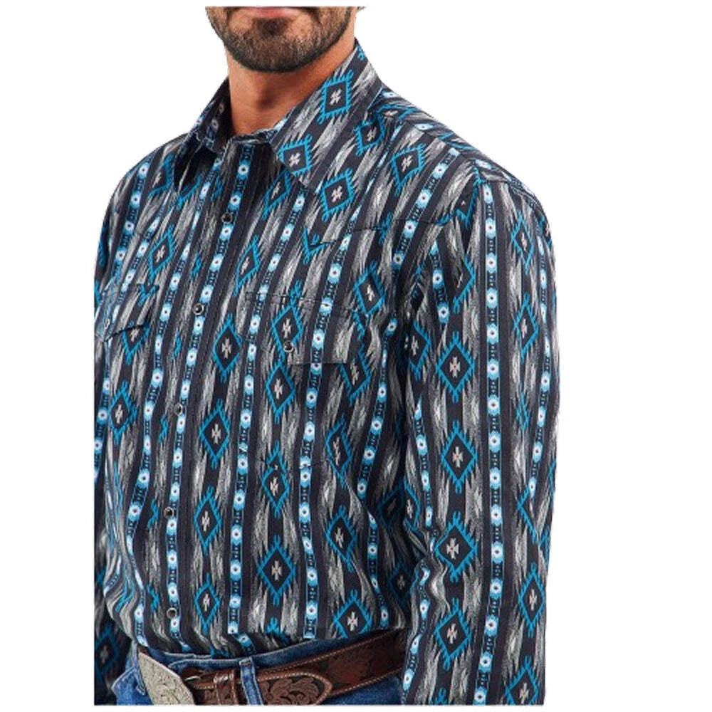 WRANGLER Men's Checotah Print Blue Long Sleeve Snap Button Shirt