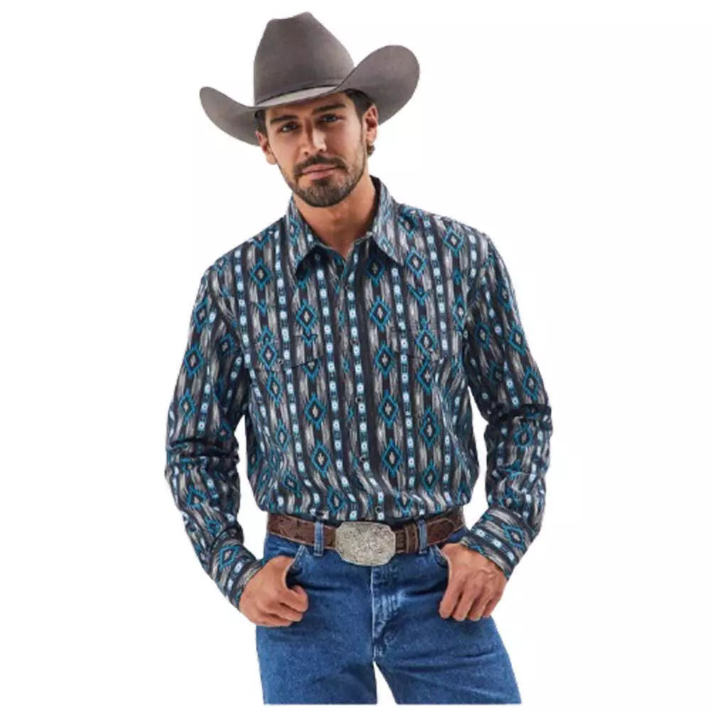 WRANGLER Men's Checotah Print Blue Long Sleeve Snap Button Shirt