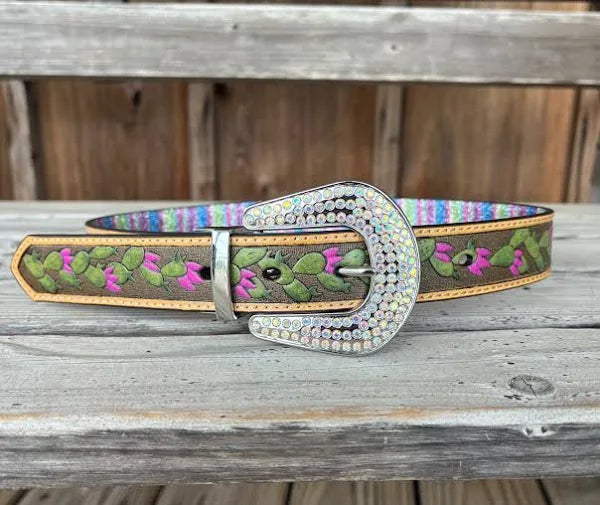 Angel Ranch Girls' Reversible Cactus Stripe Leather Belt