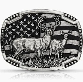 MONTANA SILVERSMITHS Antique Silver Whitetail Deer Flag Attitude Buckle