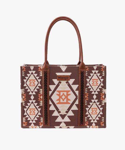 Wrangler Allover Aztec Dual Sided Print Canvas Wide Tote Bag Coffee