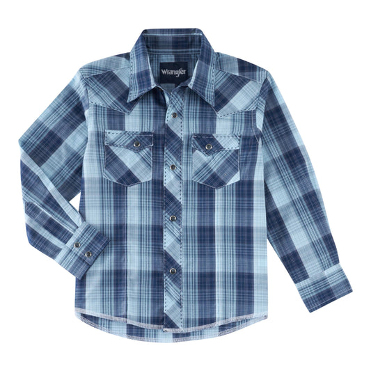 WRANGLER Boy's Blue Plaid Long Sleeve Snap Button Shirt
