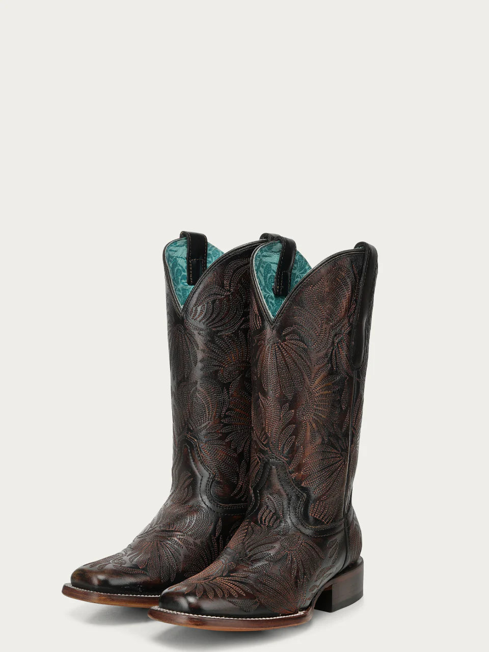 WOMEN'S BLACK  FLORAL PETAL EMBROIDERY SQUARE TOE COWBOY BOOTS