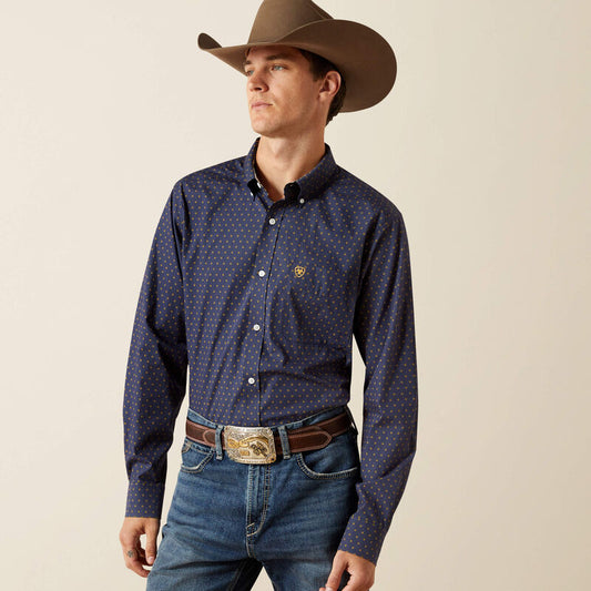ARIAT MENS Wrinkle Free Daven Fitted Long Sleeve Navy Shirt