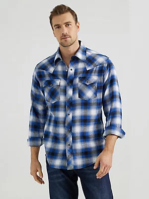 WRANGLER Men's Retro Long Sleeve Flannel Western Snap Blue Red Plaid Shirt