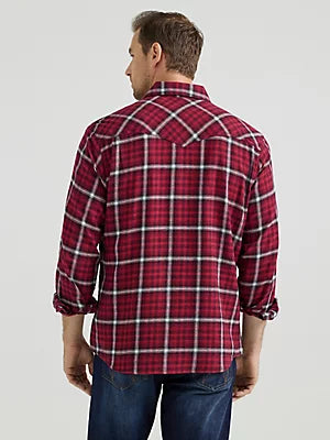 WRANGLER Men's Retro Long Sleeve Flannel Western Snap Berry Red Plaid Shirt