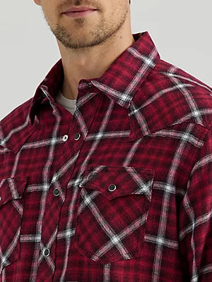 WRANGLER Men's Retro Long Sleeve Flannel Western Snap Berry Red Plaid Shirt