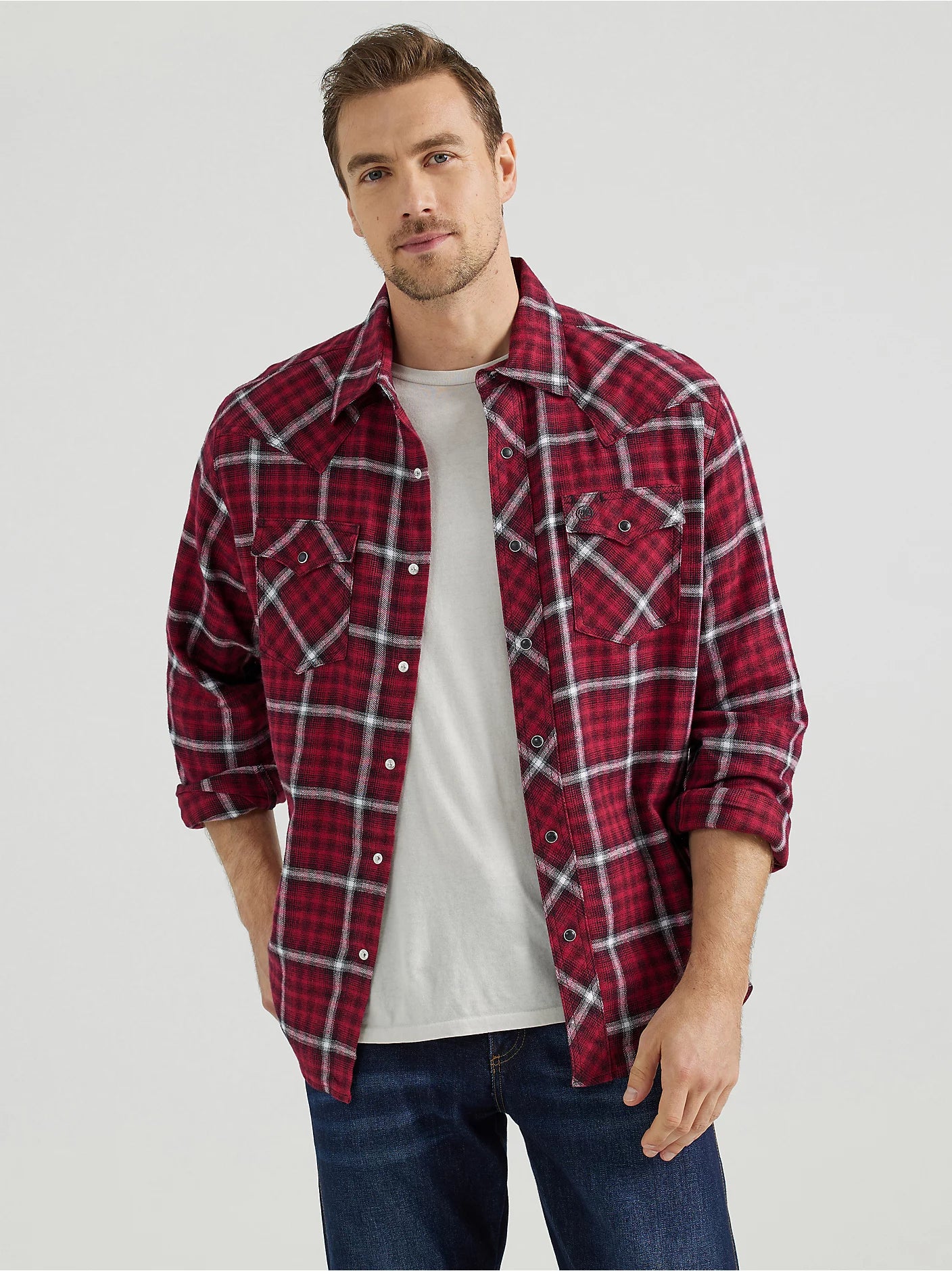 WRANGLER Men's Retro Long Sleeve Flannel Western Snap Berry Red Plaid Shirt